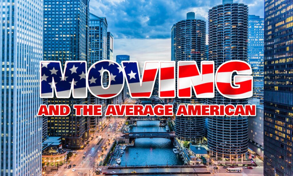 Cityscape with the word 'MOVING' overlayed in bold, patriotic colors.