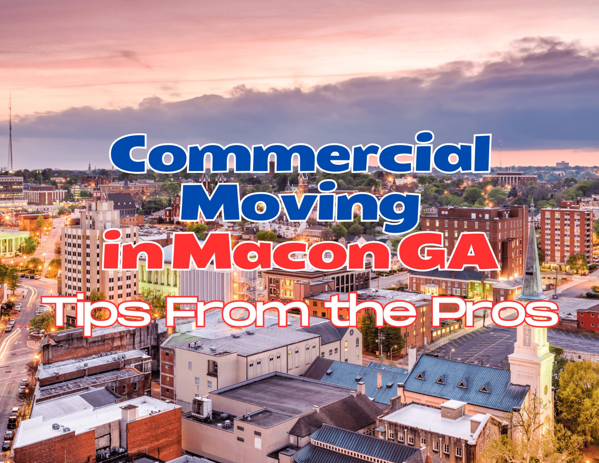 City skyline at sunset with commercial moving text overlay.