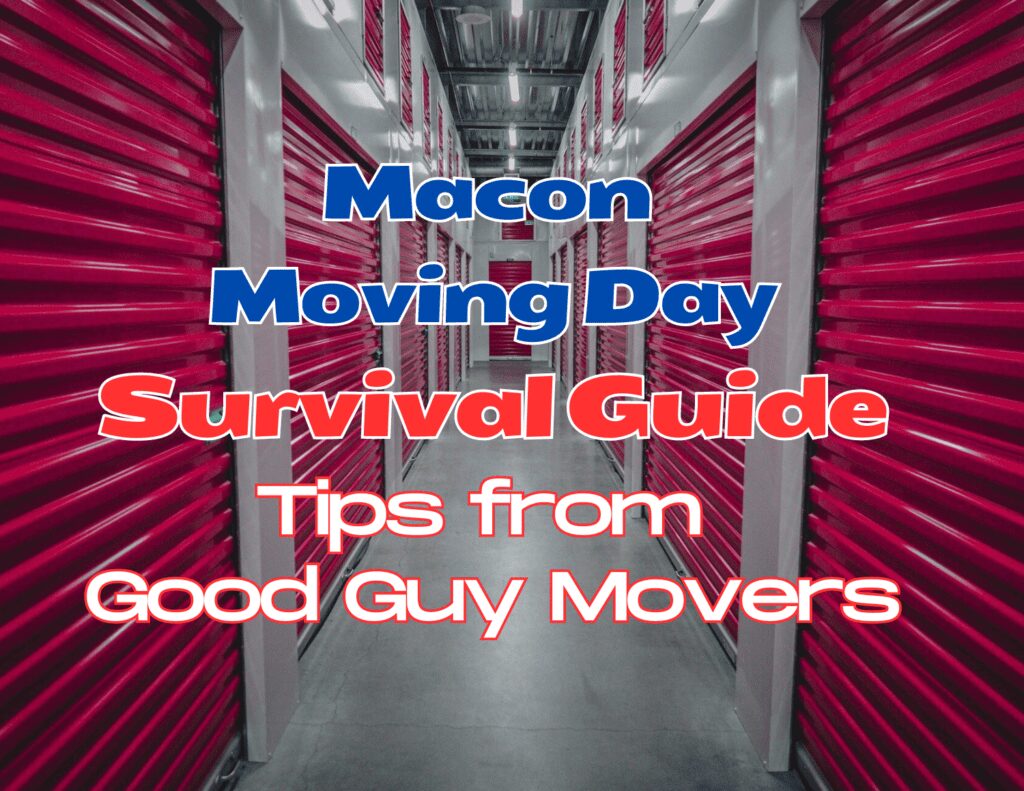Colorful storage units with overlay text about moving day survival tips.