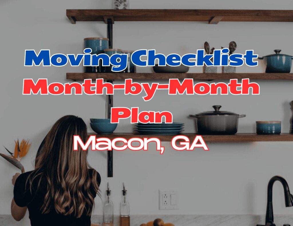 A woman planning moving checklist in Macon, GA with a laptop.